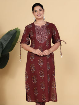 ARAMYA - Red Soft Cotton Straight Floral Printed Kurta for Women