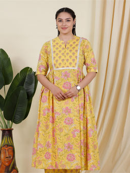 ARAMYA - Yellow Soft Cotton Panelled Floral Printed Kurta for Women
