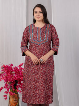 ARAMYA - Maroon Soft Cotton Straight Floral Printed Kurta for Women