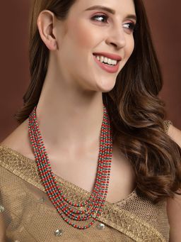 PANASH - Red and Green Gold Toned Handcrafted Beaded Necklace