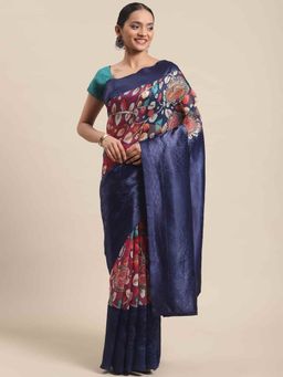 Silk Land - Pure Silk Woven Digital Print Saree with Unstiched Blouse Piece Pink & Navy Blue