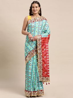 Vastranand - Turquoise Blue & Red Ethnic Motifs Gotta Patti Patola Saree with Unstitched Blouse