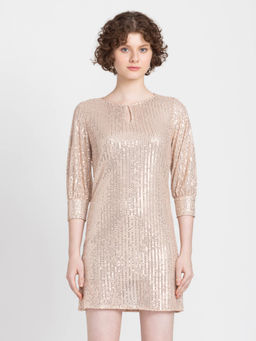 SHAYE - Boat Neck Pink Solid Three Quarter Sleeves Party Dress For Women