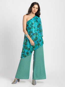 SHAYE - One Shoulder Blue Floral Print Fusion co-ord Sets For Women (Set of 2)