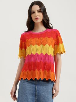 United Colors of Benetton - Multi-Color Round Neck Chevron Top