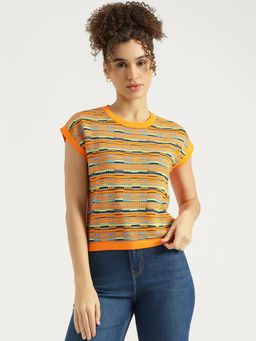 United Colors of Benetton - Orange Round Neck Textured Top