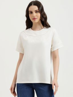 United Colors of Benetton - White Round Neck Embroidered Top