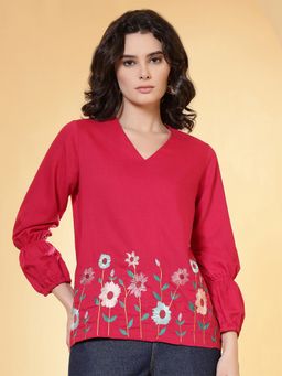 FITHUB - Pink V-Neck Floral Embroidery Top