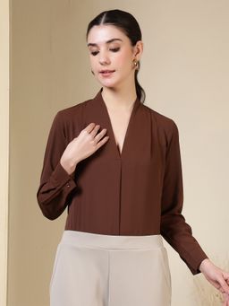 FITHUB - Brown Minimalist V-Neck Fashion Top