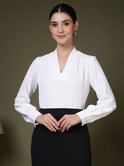 FITHUB - White Elegant Classic V-Neck Long Sleeve Office Wear Formal Top