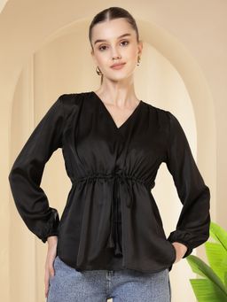 FITHUB - Black Women V-Neck Tie-Up Waist Smart Casual Top