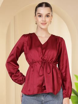 FITHUB - Maroon Women V-Neck Tie-Up Waist Smart Casual Top
