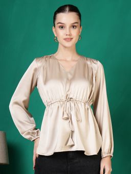 FITHUB - Cream Women V-Neck Tie-Up Waist Smart Casual Top
