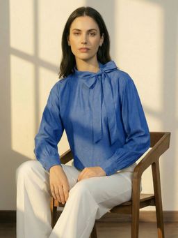 Globus - Women Blue Tie-Up Neck Detail Casual Top