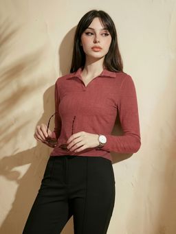 Globus - Women Rust Collared Neck Long Sleeves Casual Top