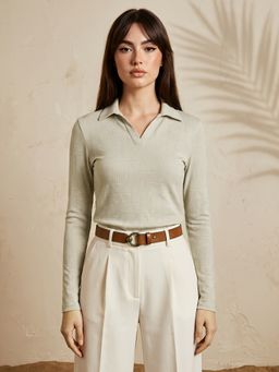 Globus - Women Beige Collared Neck Long Sleeves Casual Top