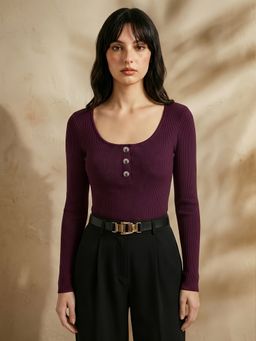 Globus - Women Wine Long Sleeves Button Detail Ribbed Top