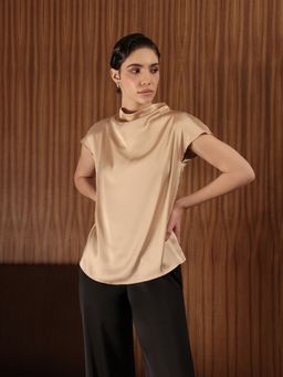 FableStreet - Satin Cowl Neck Top Beige