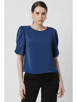 Van Heusen - Women Blue Solid Casual Round Neck Top