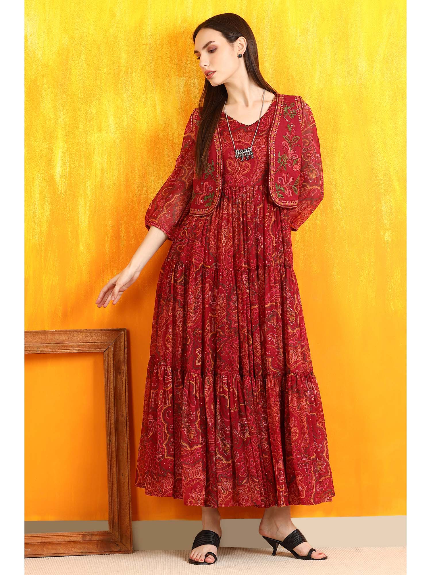 Maroon Paisley Flared Maxi Dress and Jacket (Set of 2)-image-3