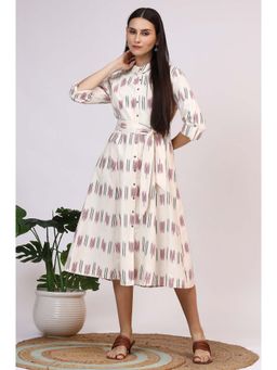 W - Printed White A-Line Midi Dress and Belt (Set of 2)