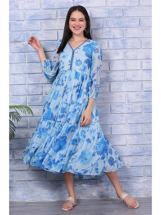 Buy W Blue Floral A-Line Midi Dress (M) Online