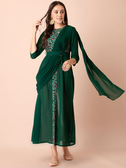 Indya - Green Embroidered High Slit Kurta with Attached Dupatta