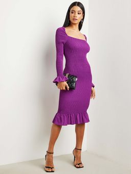 Styli - Purple Square Neck Shirred Bodycon Midi Dress