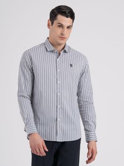 Red Tape - Mens Dark Grey Stripes Cotton Nylon Spandex Loose Fit Spread Collar Shirt