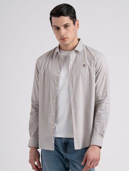 Red Tape - Mens Beige Stripes Cotton Nylon Spandex Loose Fit Spread Collar Shirt