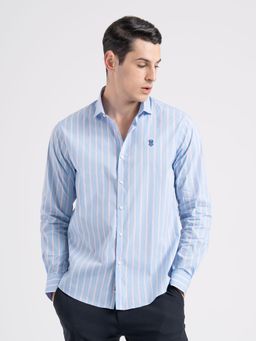 Red Tape - Mens Mid Blue Stripes Cotton Nylon Spandex Loose Fit Spread Collar Shirt