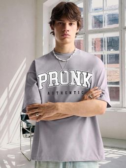 PRONK - Mens Grey Cotton Printed Round Neck Half Sleeves Oversized T-Shirt