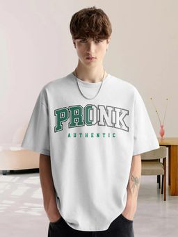 PRONK - Mens White Cotton Printed Round Neck Half Sleeves Oversized T-Shirt