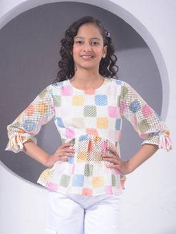 CRIMSOUNE CLUB - Girls Multi Color Geometric Print Knit Detail Peplum Top