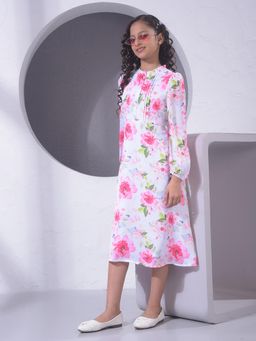 CRIMSOUNE CLUB - Girls Pink Floral Print Midi A-Line Dress