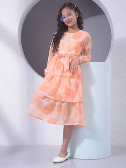 CRIMSOUNE CLUB - Girls Orange Printed A-Line Dress With Belt