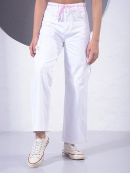 CRIMSOUNE CLUB - Girls White Cotton Cargo Jeans With Pink Drawstring