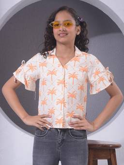 CRIMSOUNE CLUB - Girls White and Orange Floral Print Shirt