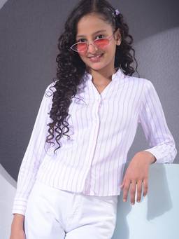 CRIMSOUNE CLUB - Girls White and Purple Vertical Stripes Shirt