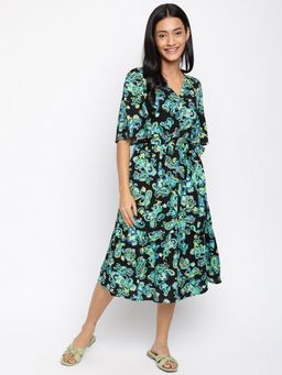 Fabindia - Multi-color Viscose Printed Midi Dress With Belt (Set of 2)