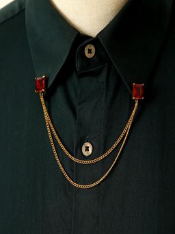 AQUASTREET - 18K Gold Plated Anti-Tarnish Waterproof Red Zircon Collar Pin Chain Brooch