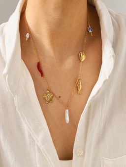 AQUASTREET - Anti-Tarnish Waterproof 18K Gold Plated Pearl & Charms Pendant Necklace