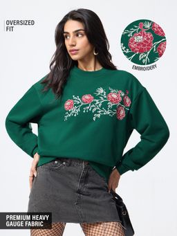 The Souled Store - Women Green Floral Embroidered Oversized Sweatshirt