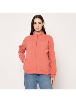 Madame - Women Peach Embroidered High Neck Sweatshirt