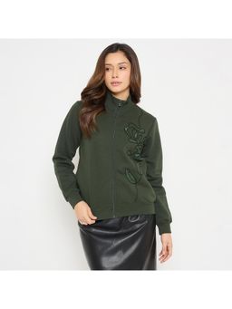 Madame - Women Olive High Neck Embellished Sweatshirt