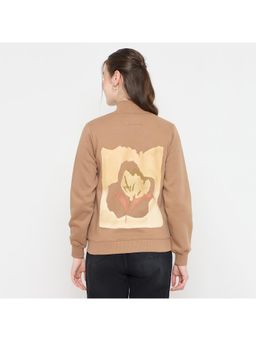 Madame - Women Beige High Neck Graphic Printed Sweatshirt