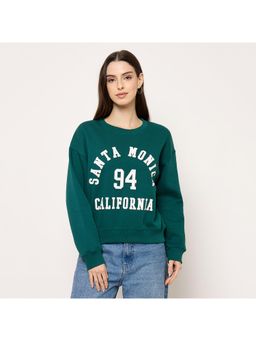 Madame - Women Teal Round Neck Typography Printed Sweatshirt