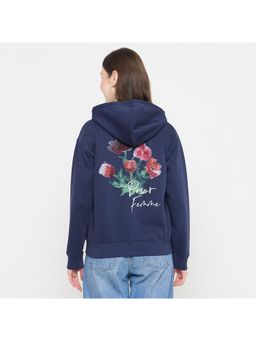 Madame - Women Navy Blue Floral Printed Zipper Hoodie