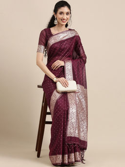 Akhilam - Wine Festive Silk Blend Woven Design Saree With Unstitched Blouse