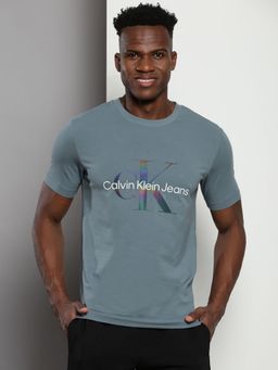 Calvin Klein - Men Blue Cotton Typography Slim Fit T-Shirt